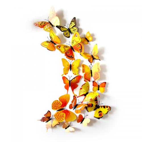 (12 шт) Комплект бабочек 3D  на магните ,  ЖЕЛТЫЕ цветные
